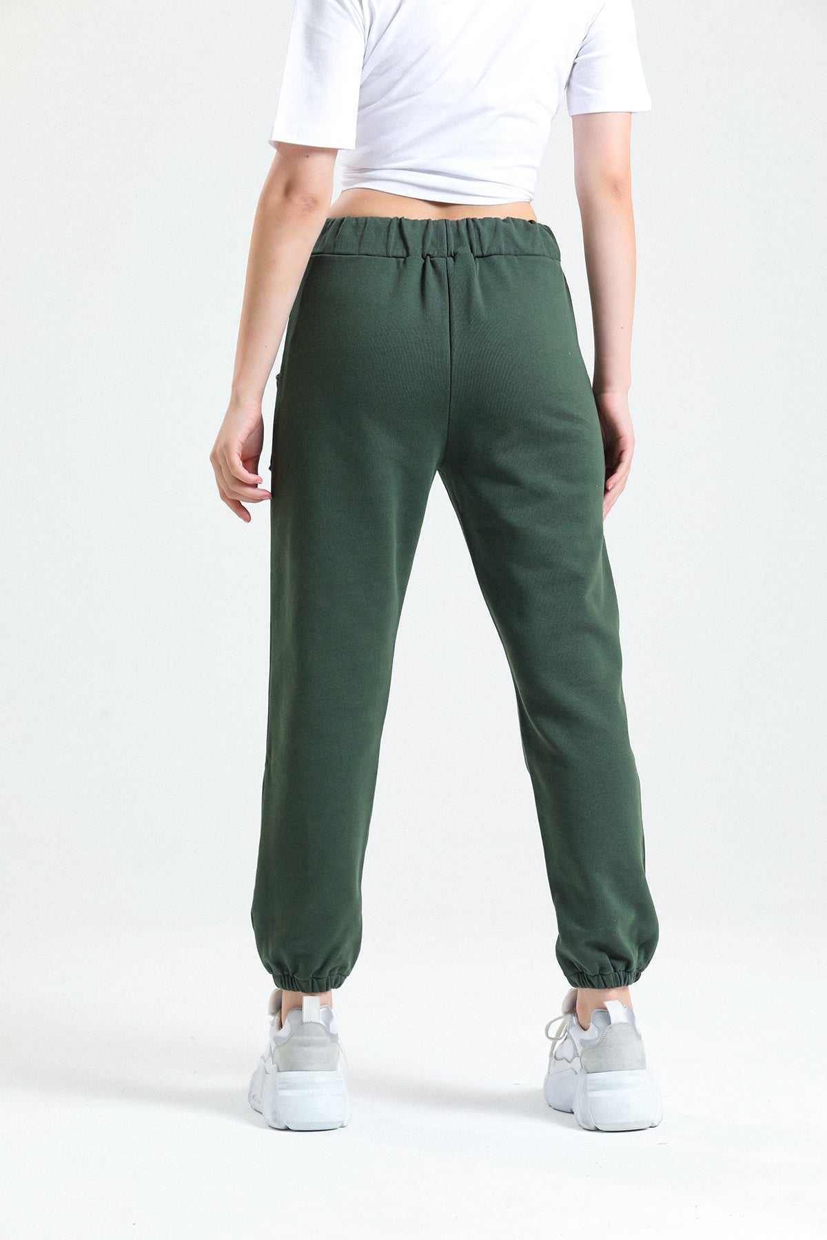 Haki Yüksek Bel Takma Cepli Paçası Lastikli Jogger Eşofman Altı