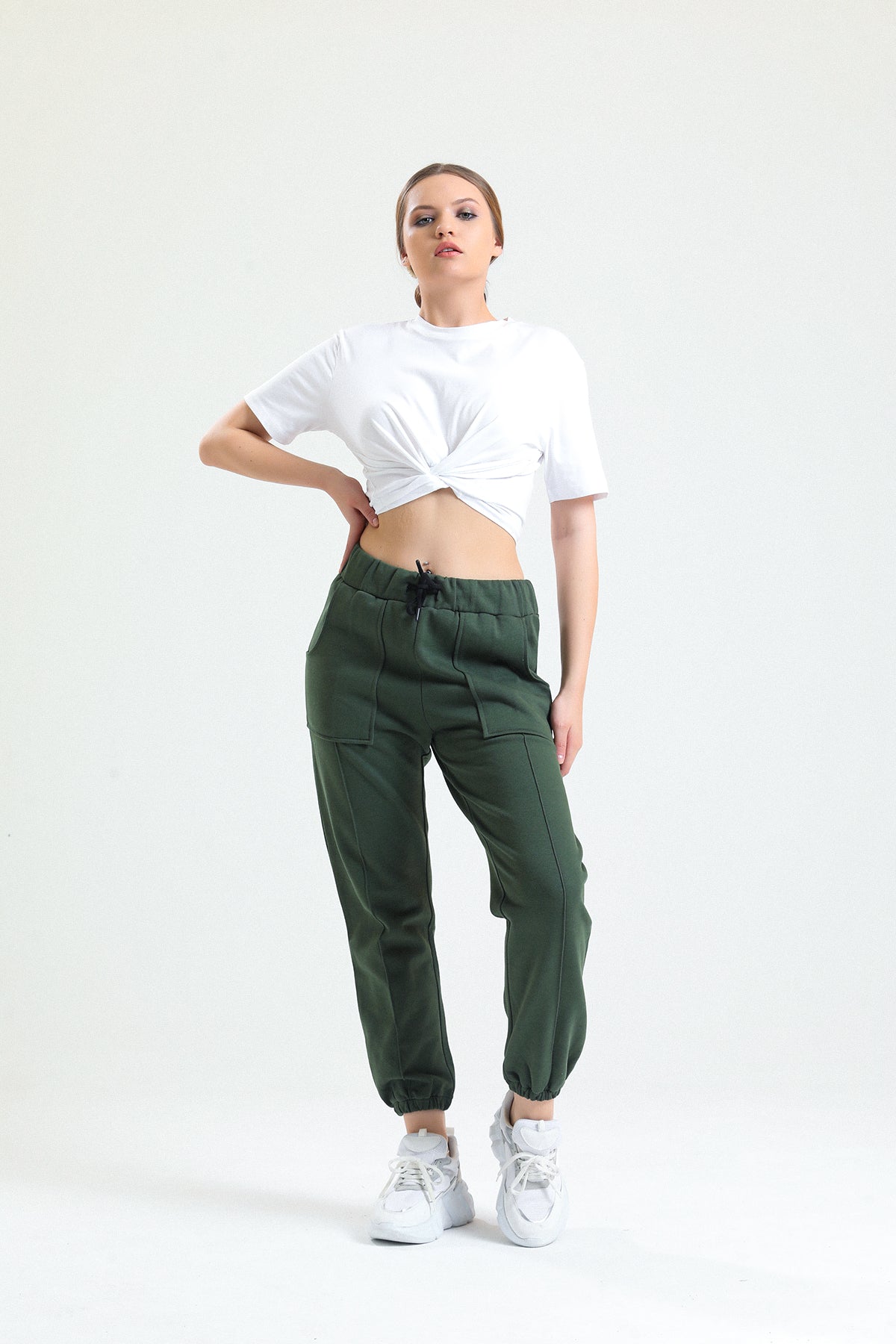 Haki Yüksek Bel Takma Cepli Paçası Lastikli Jogger Eşofman Altı