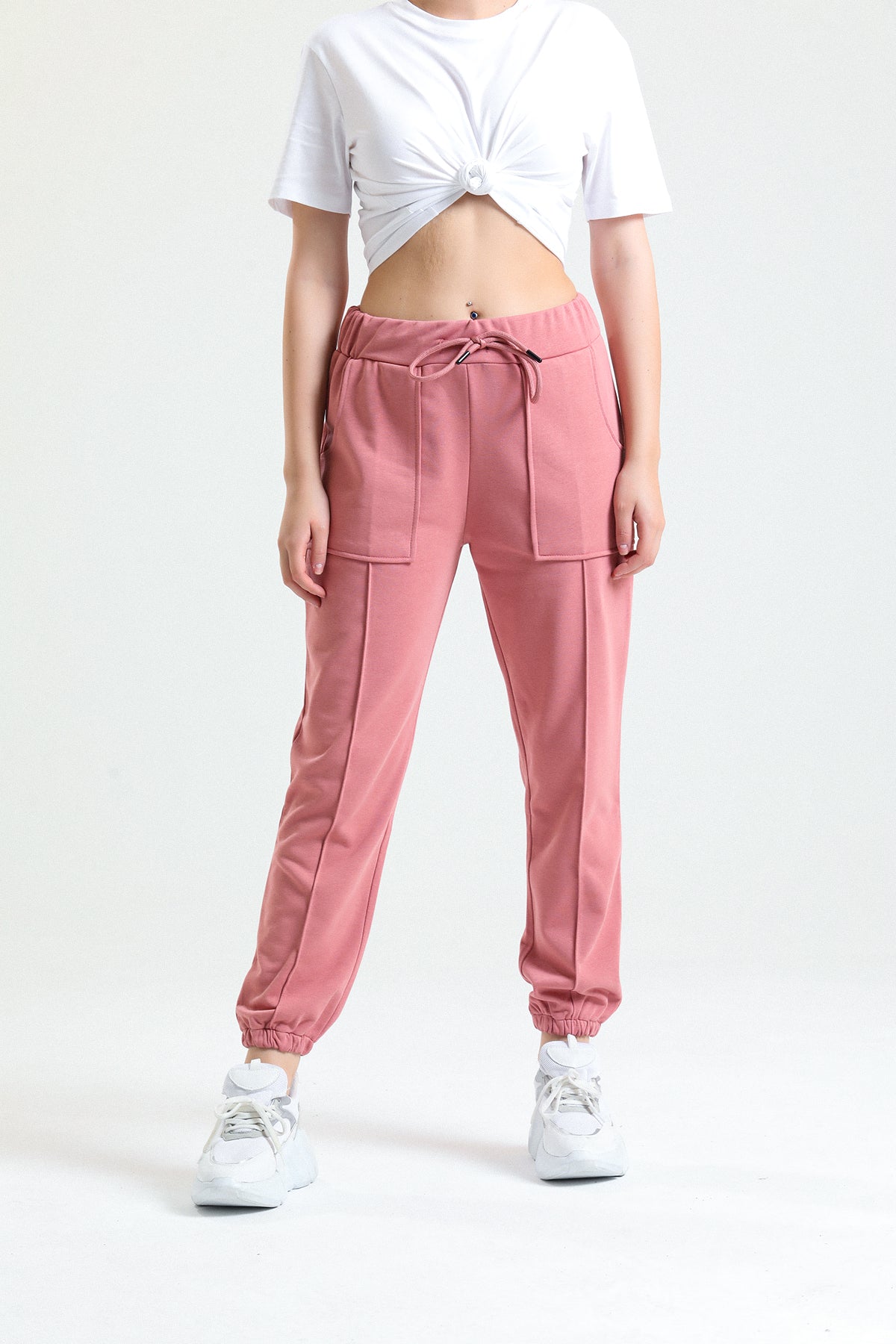Gül Kurusu Yüksek Bel Takma Cepli Paçası Lastikli Jogger Eşofman Altı