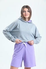 Lila Yüksek Bel Pamuklu Basic Rahat Sweat Şort