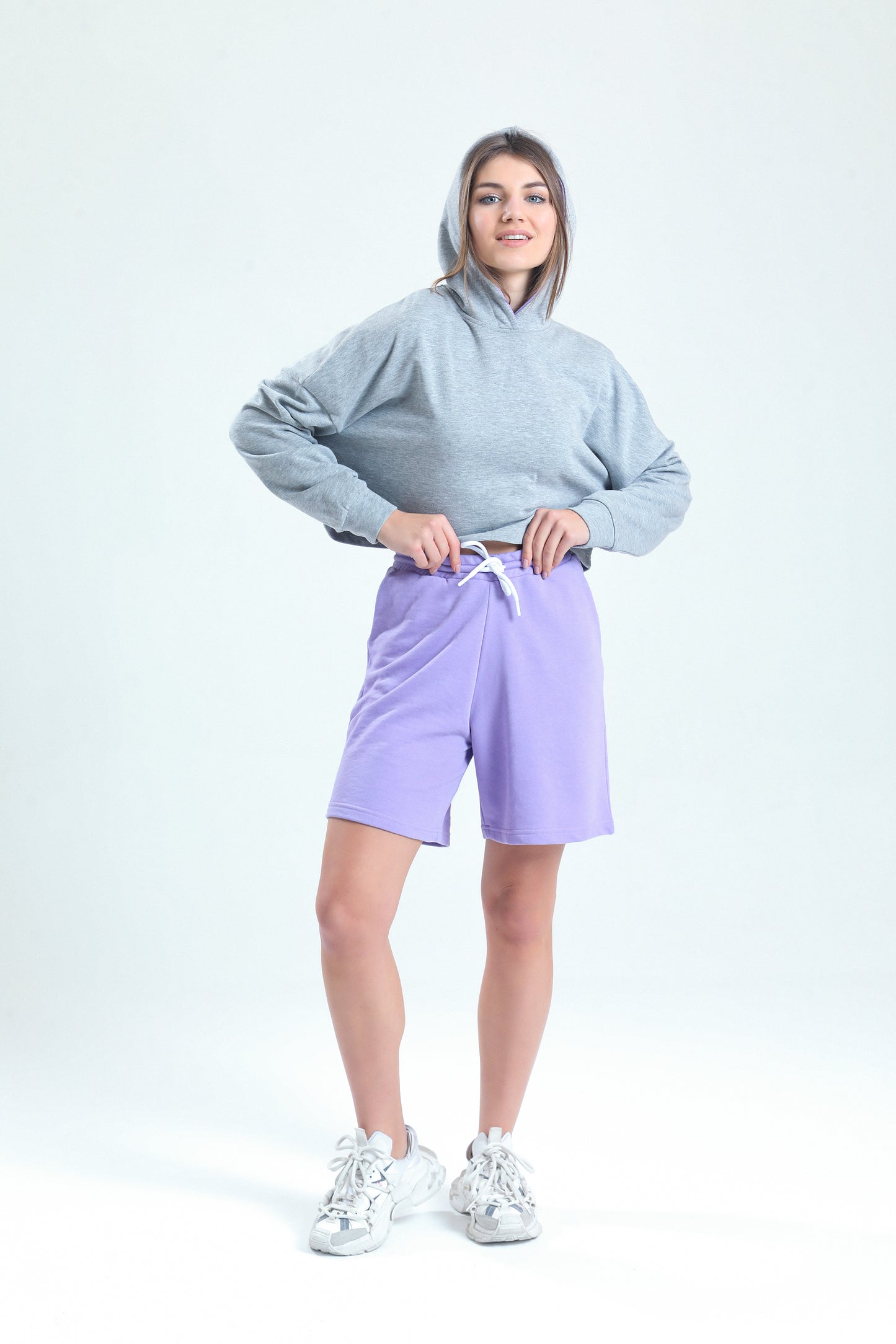 Lila Yüksek Bel Pamuklu Basic Rahat Sweat Şort