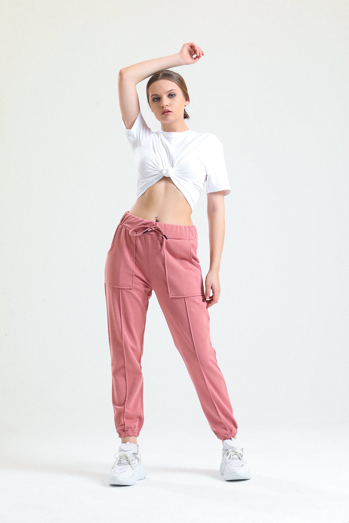 Gül Kurusu Yüksek Bel Takma Cepli Paçası Lastikli Jogger Eşofman Altı