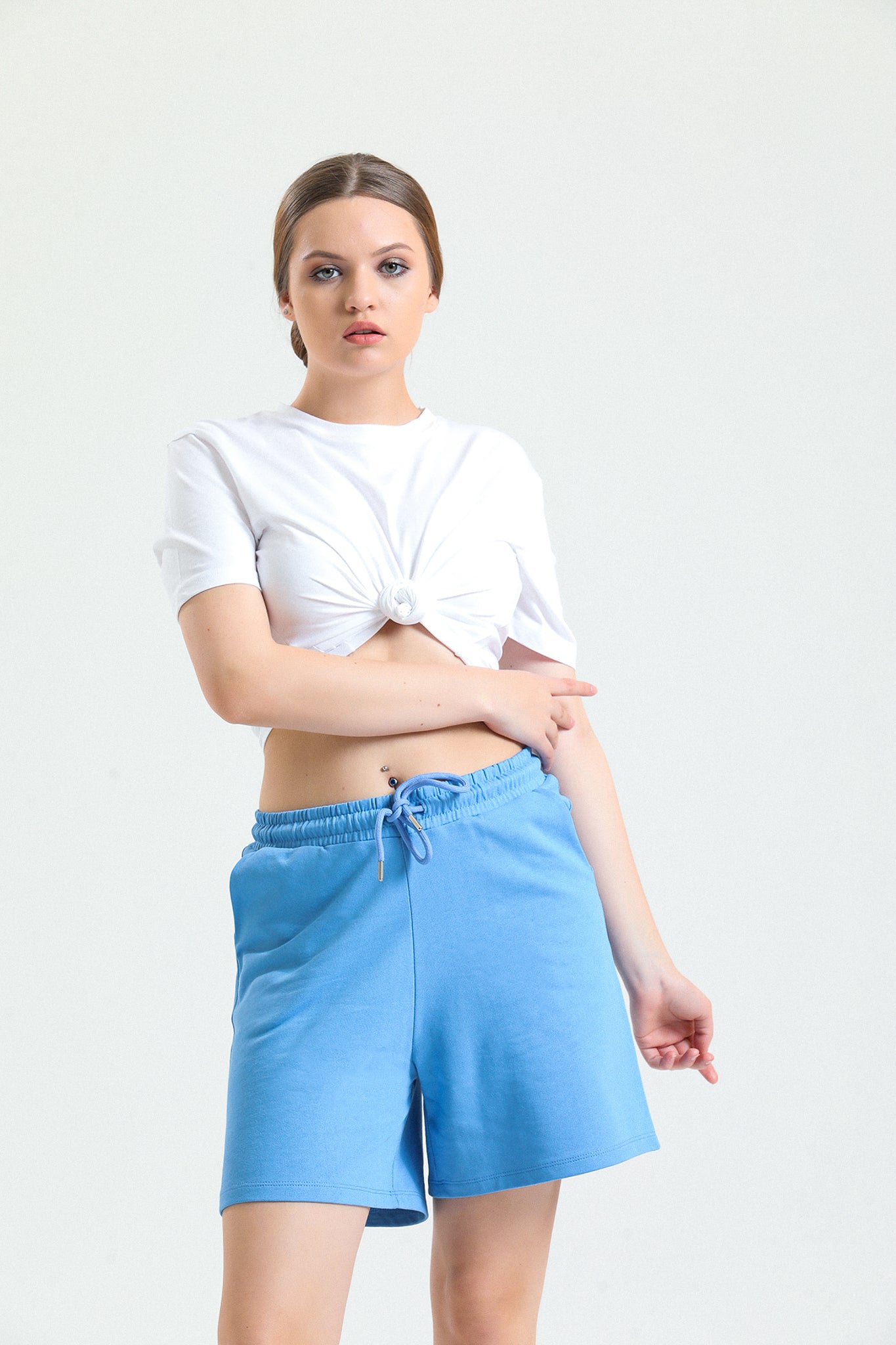 Mavi Yüksek Bel Pamuklu Basic Rahat Sweat Şort