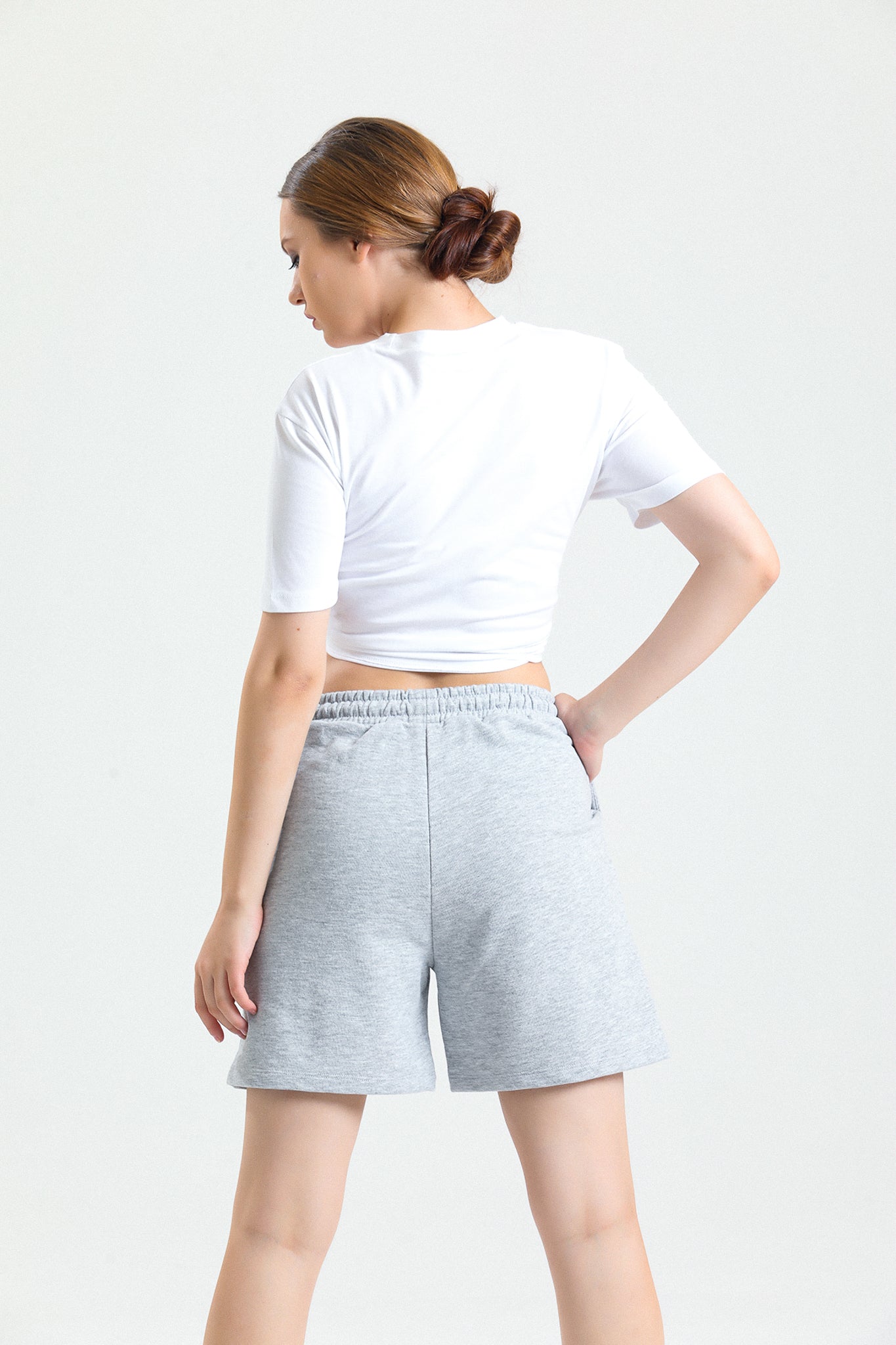Gri Melanj Yüksek Bel Pamuklu Basic Rahat Sweat Şort