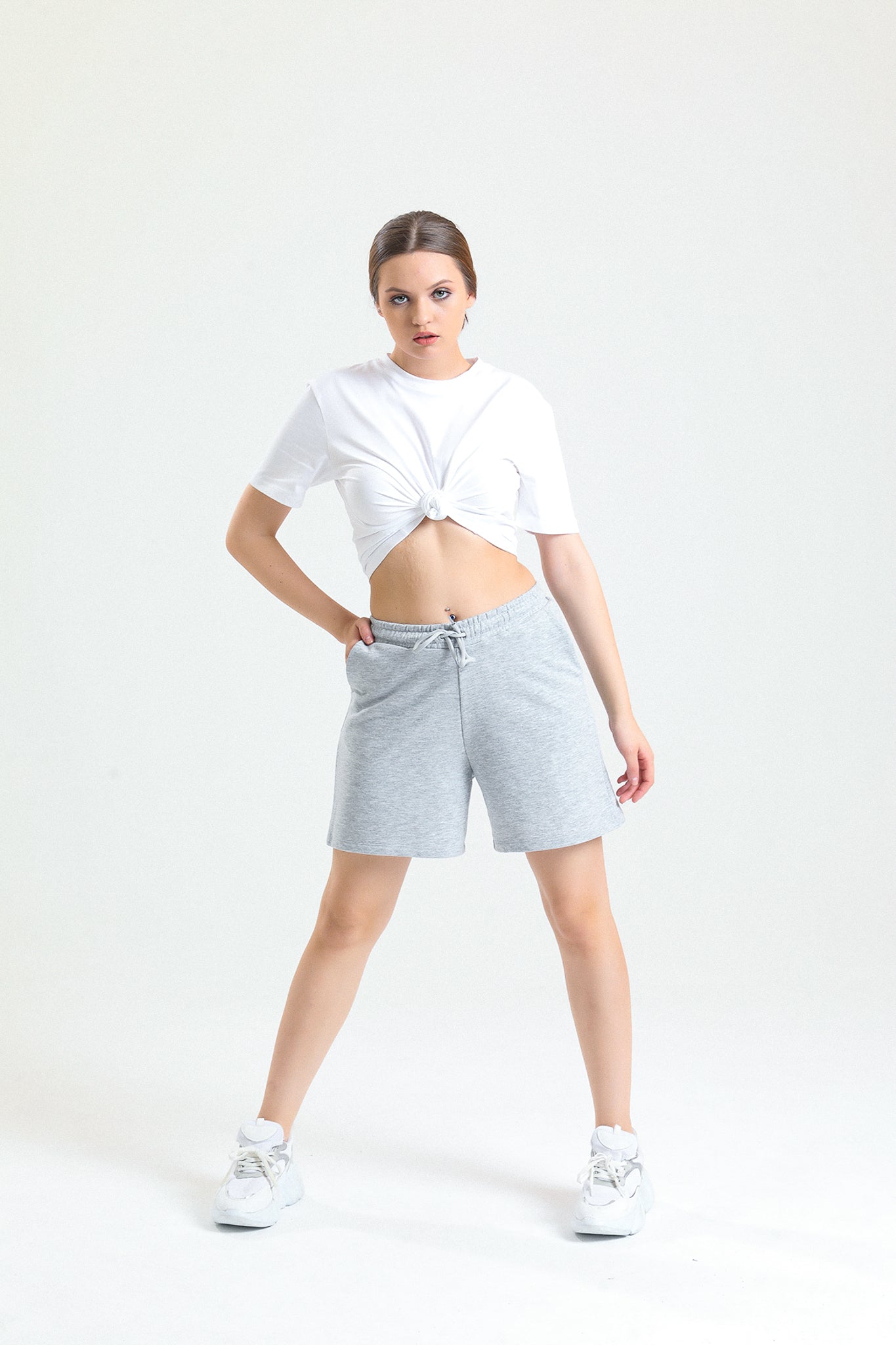 Gri Melanj Yüksek Bel Pamuklu Basic Rahat Sweat Şort