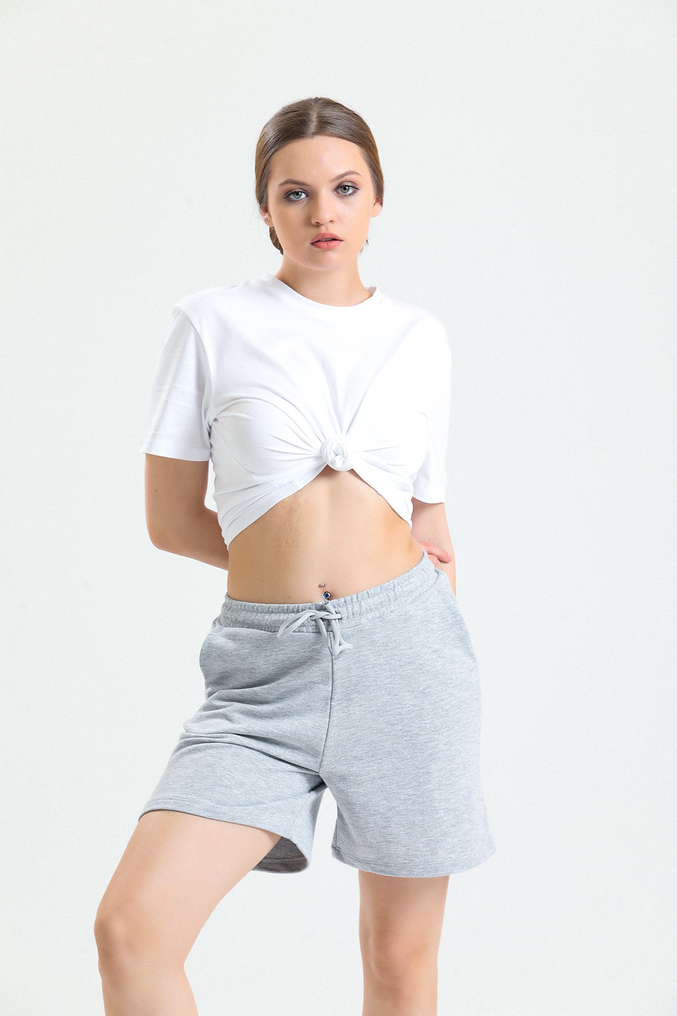 Gri Melanj Yüksek Bel Pamuklu Basic Rahat Sweat Şort