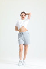 Gri Melanj Yüksek Bel Pamuklu Basic Rahat Sweat Şort