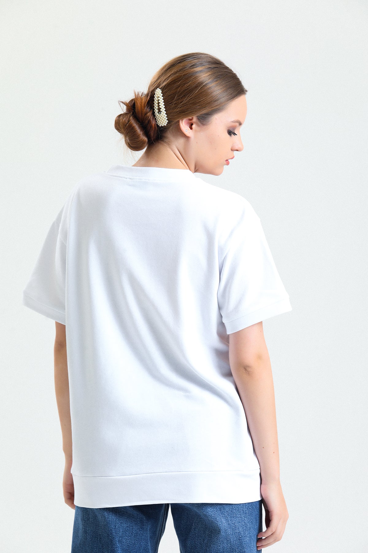 Beyaz Kısa Kollu Bisiklet Yaka Pamuklu 2 İplik Tişört