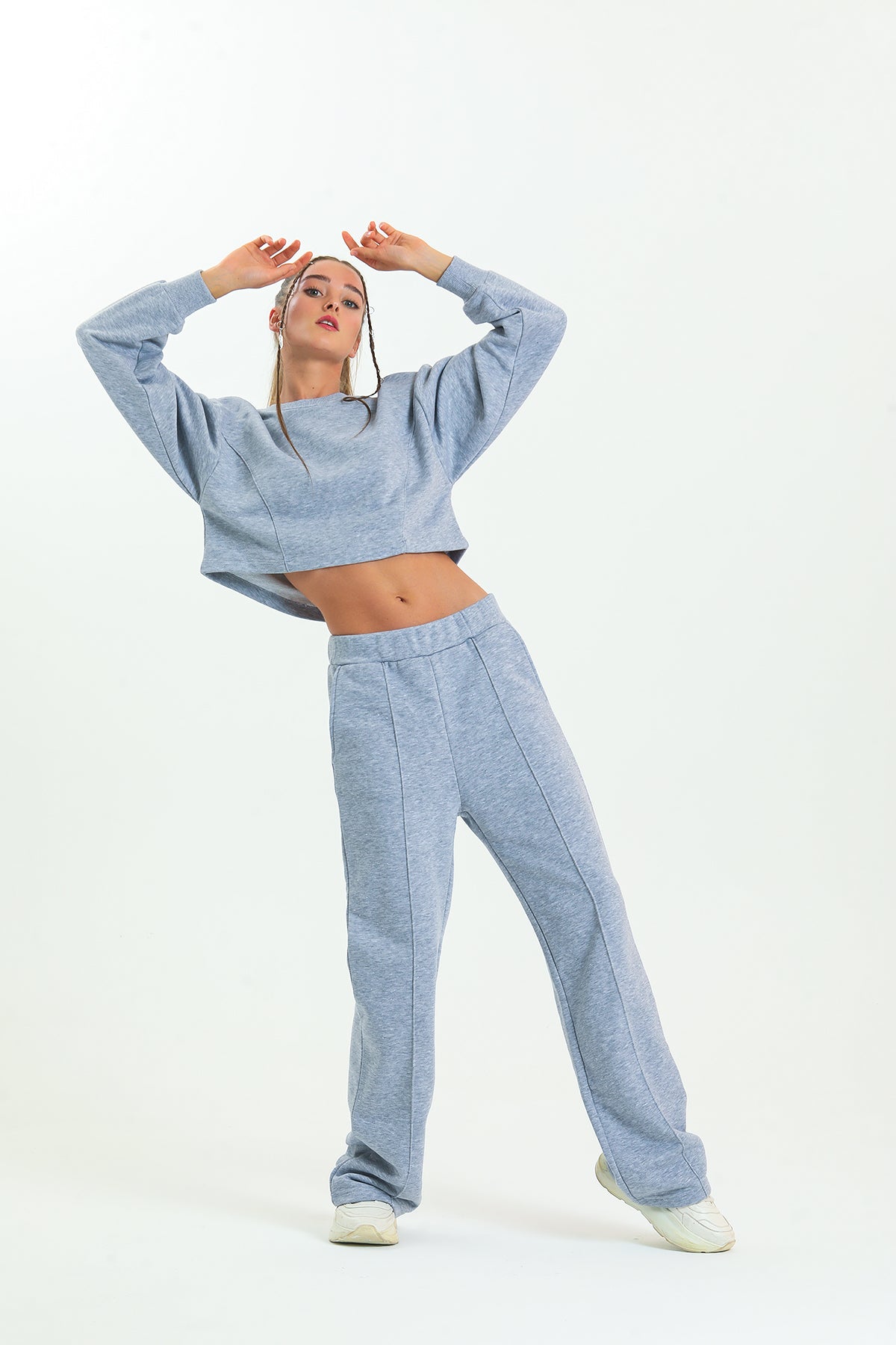 Gri Melanj Yüksek Bel Geniş Paça Eşofman Altı