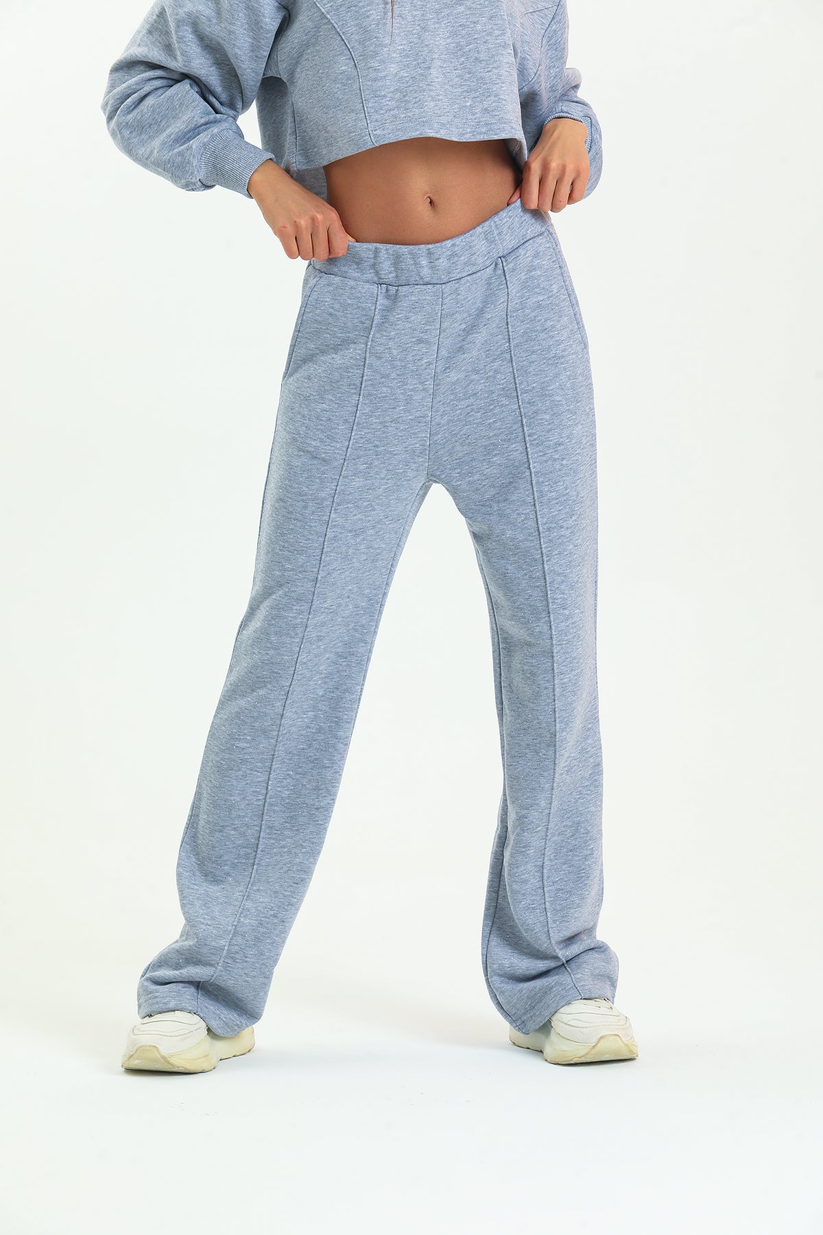 Gri Melanj Yüksek Bel Geniş Paça Eşofman Altı