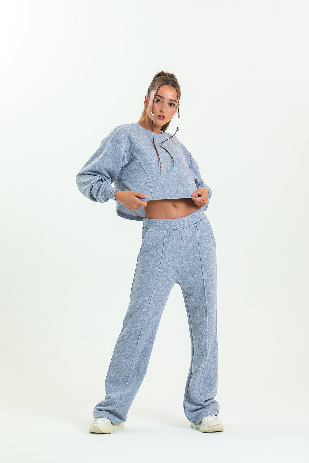 Gri Melanj Yüksek Bel Geniş Paça Eşofman Altı