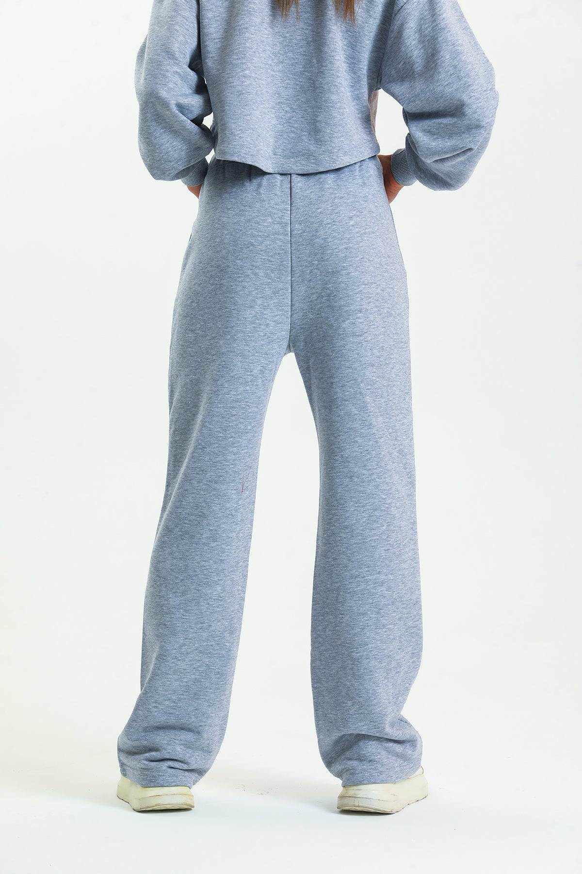 Gri Melanj Yüksek Bel Geniş Paça Eşofman Altı