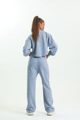 Gri Melanj Yüksek Bel Geniş Paça Eşofman Altı