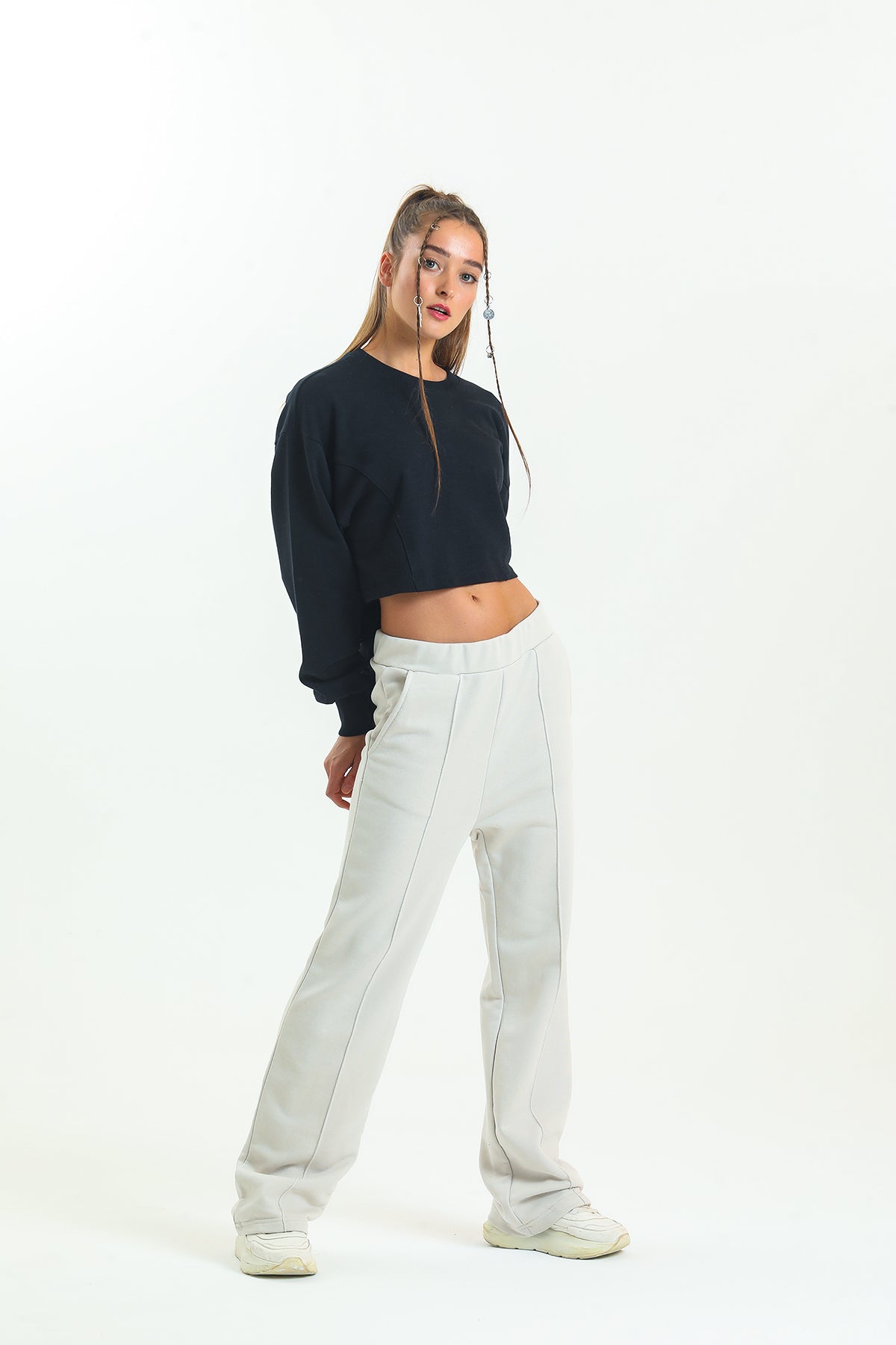 Bej Yüksek Bel Geniş Paça Eşofman Altı