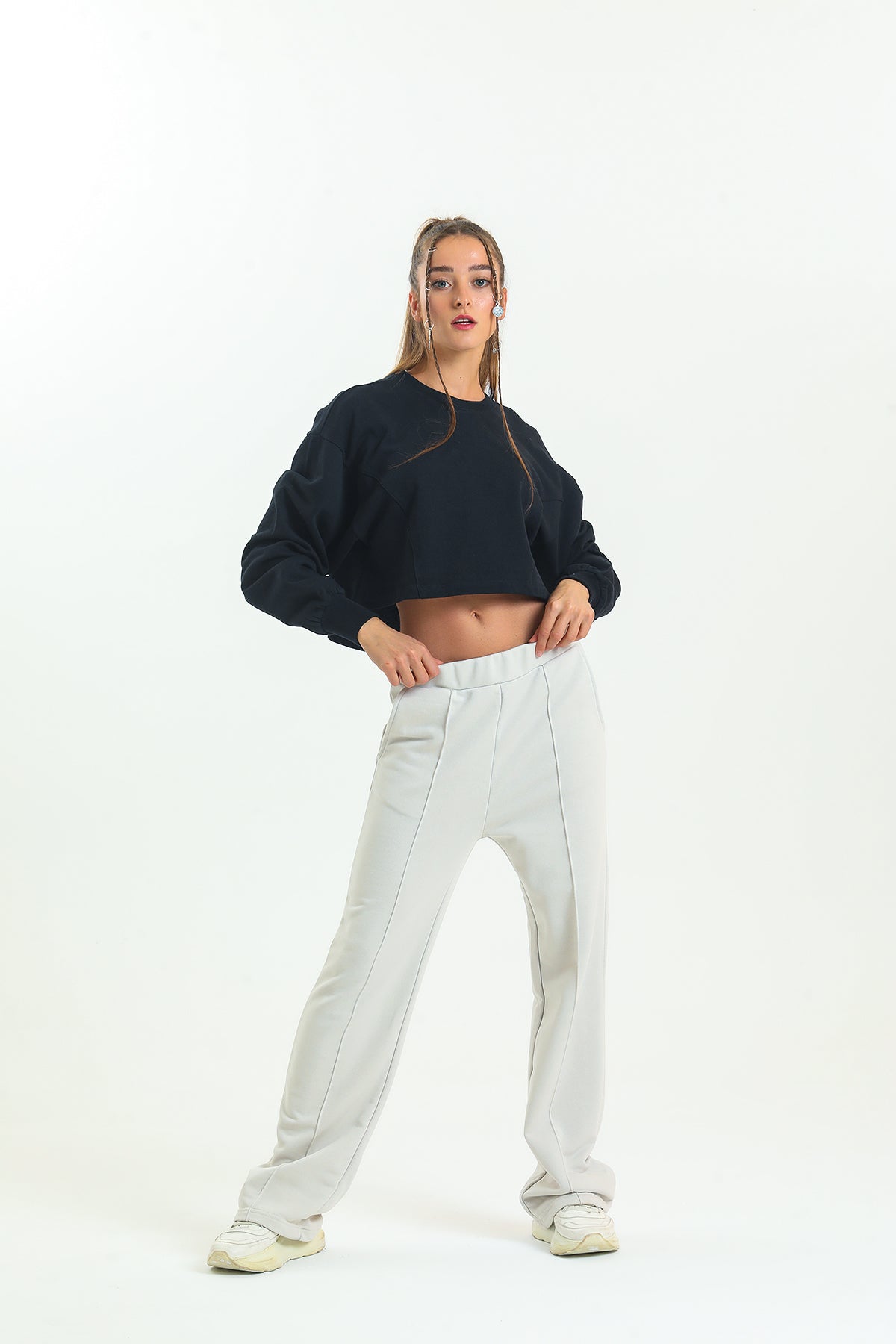 Bej Yüksek Bel Geniş Paça Eşofman Altı