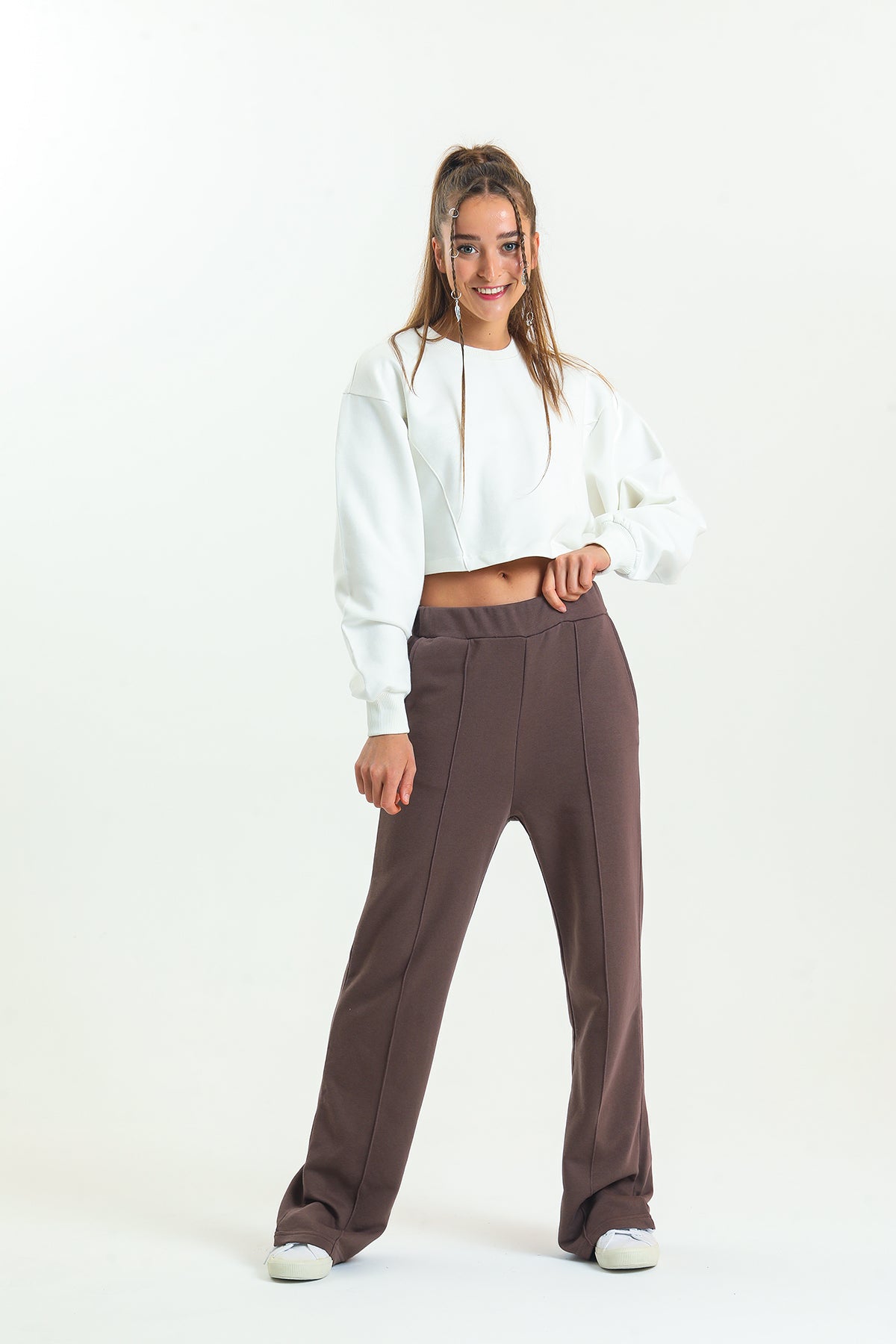 Kahverengi Yüksek Bel Geniş Paça Eşofman Altı