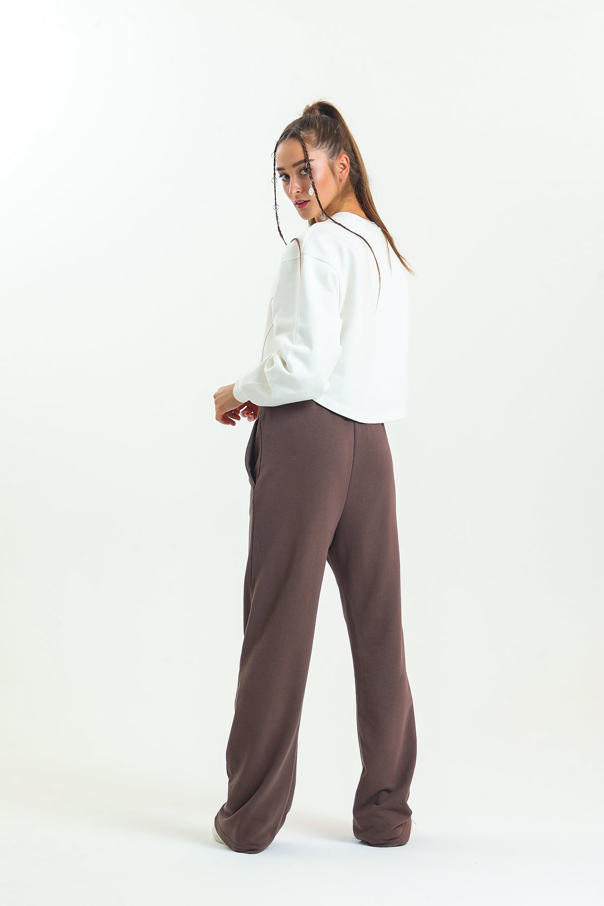 Kahverengi Yüksek Bel Geniş Paça Eşofman Altı