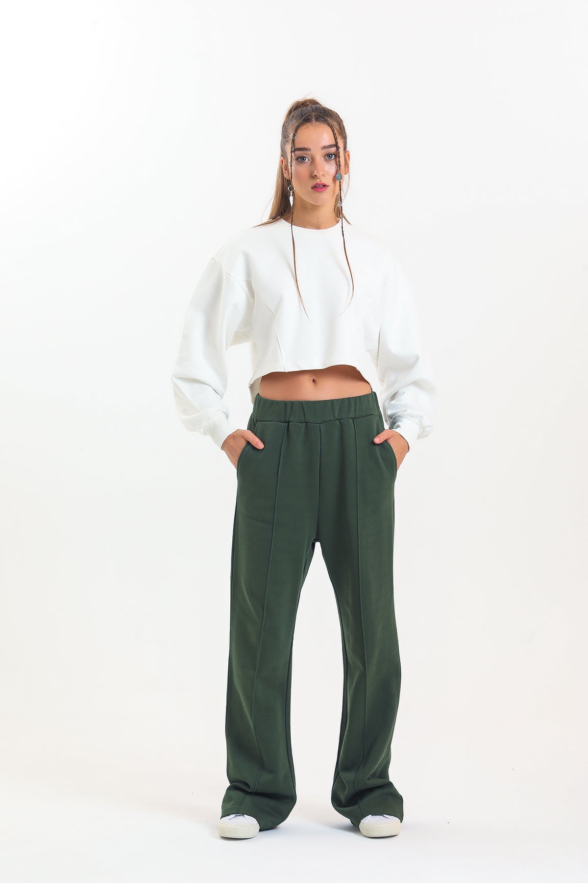 Haki Yüksek Bel Geniş Paça Eşofman Altı