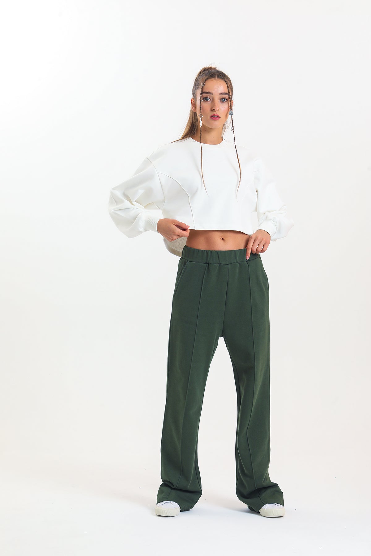 Haki Yüksek Bel Geniş Paça Eşofman Altı