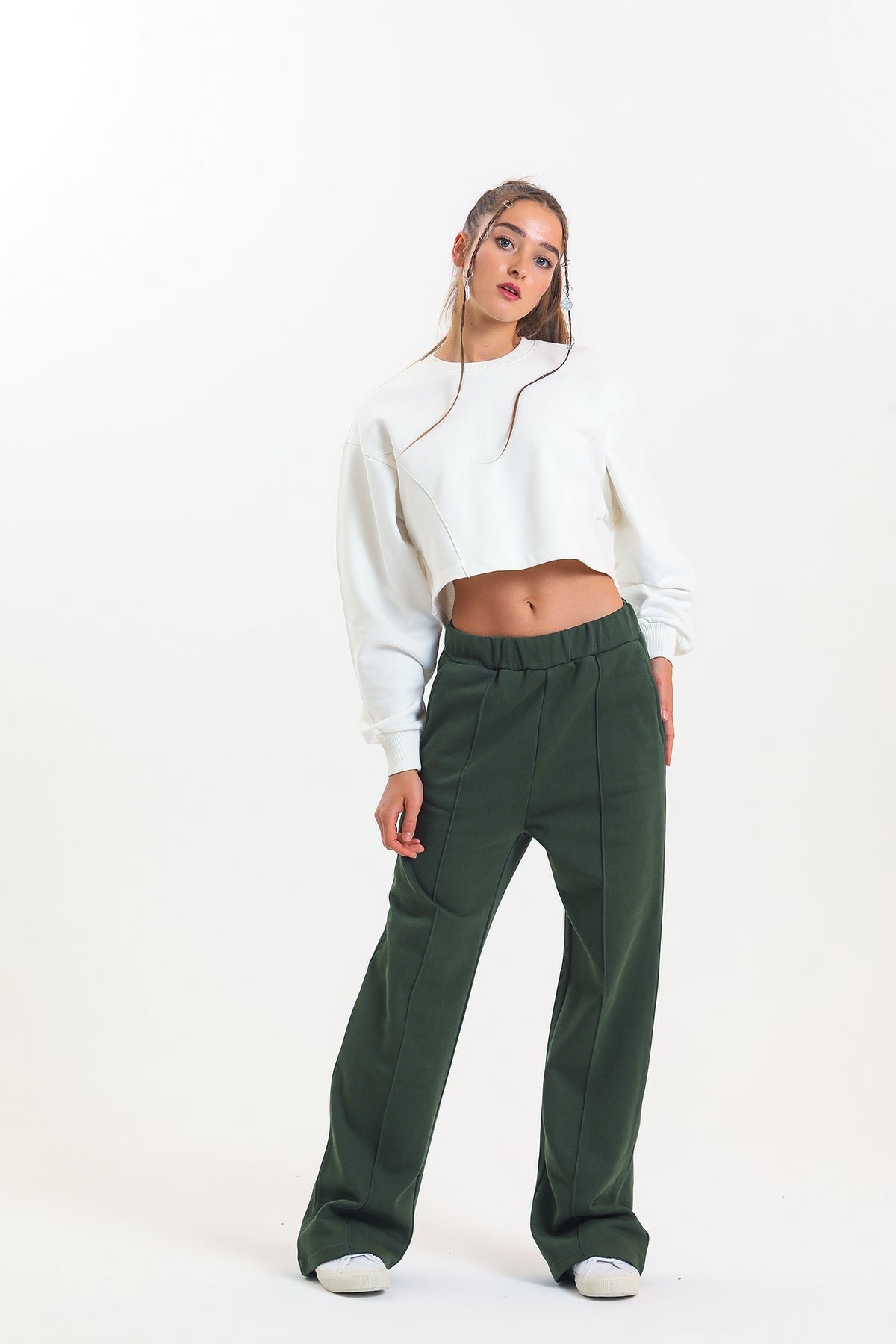 Haki Yüksek Bel Geniş Paça Eşofman Altı