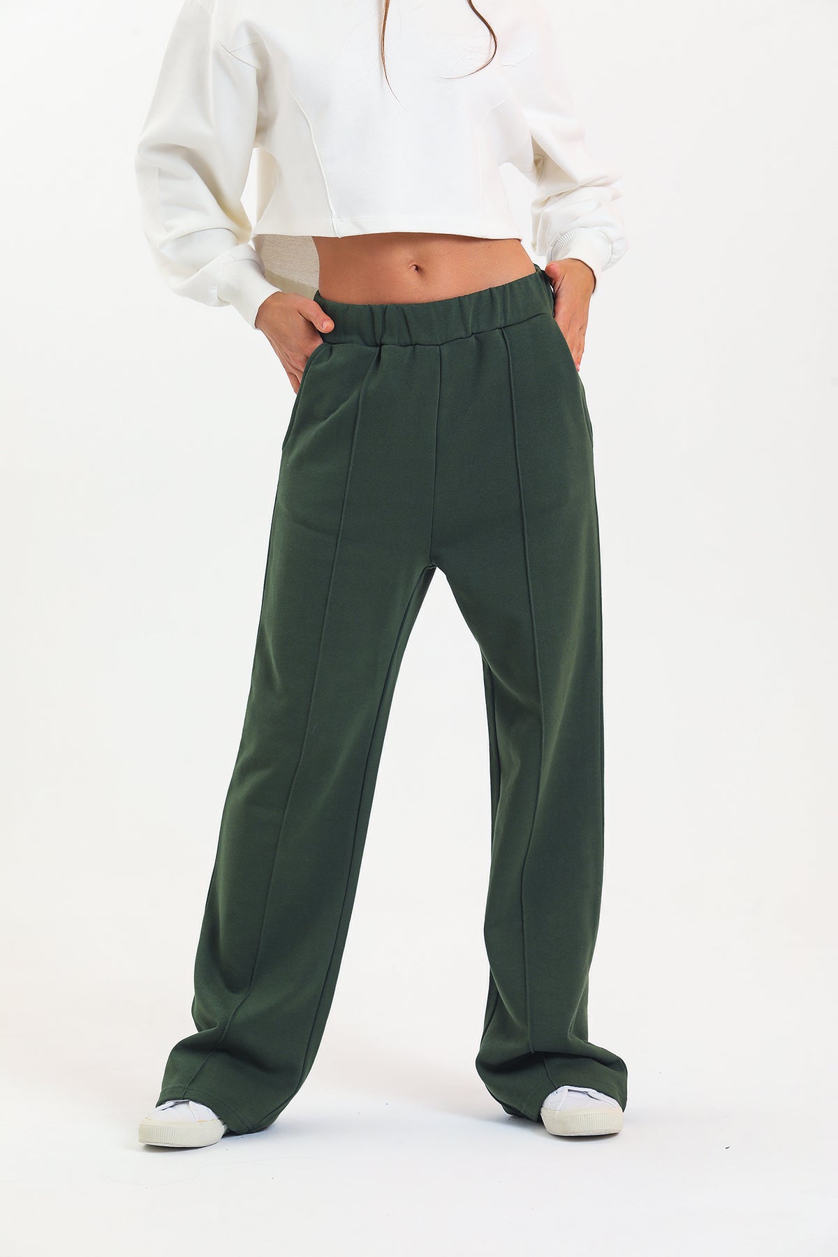 Haki Yüksek Bel Geniş Paça Eşofman Altı