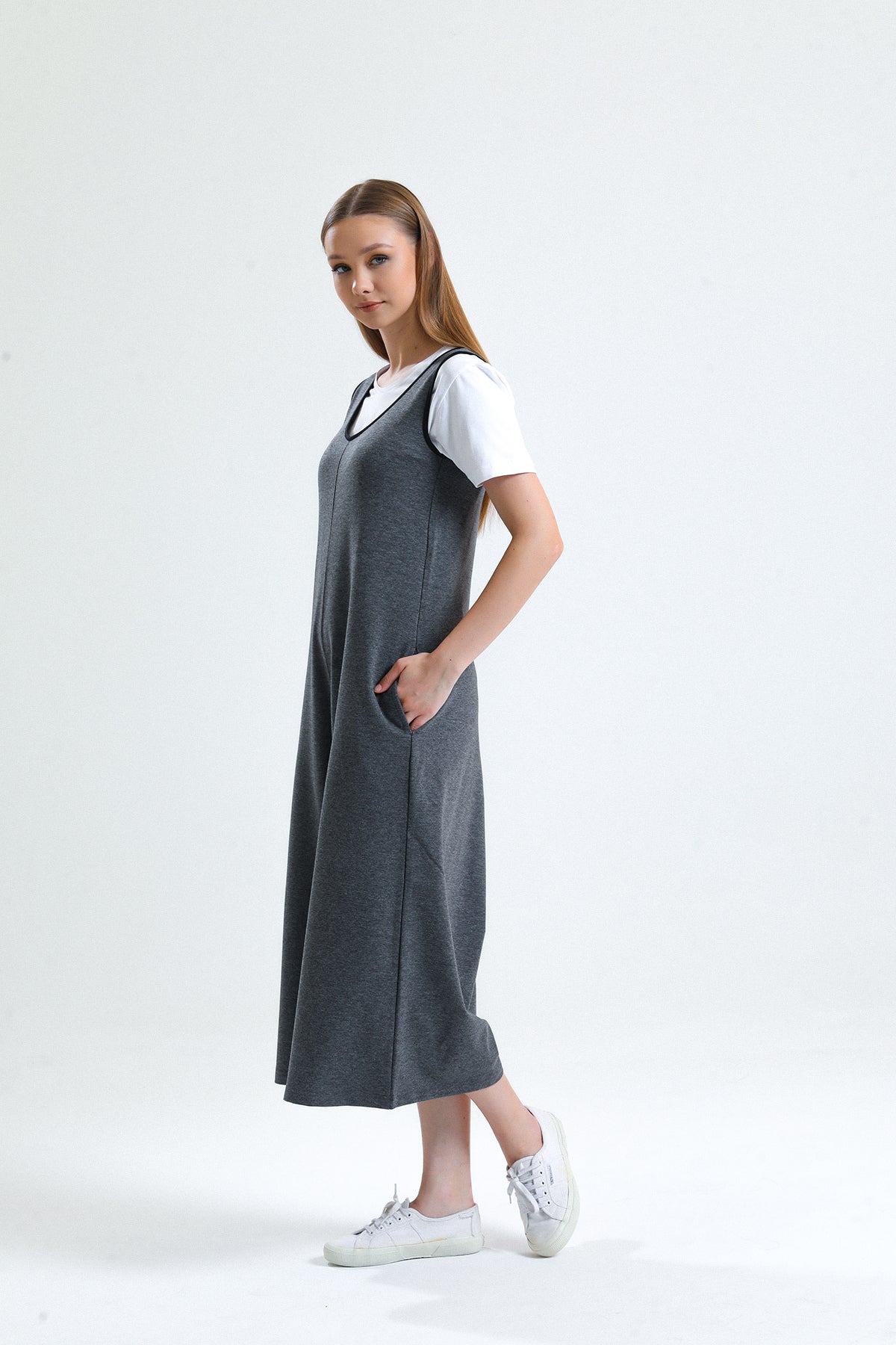 Gri Melanj U Yaka Bol Paça Salopet Tulum