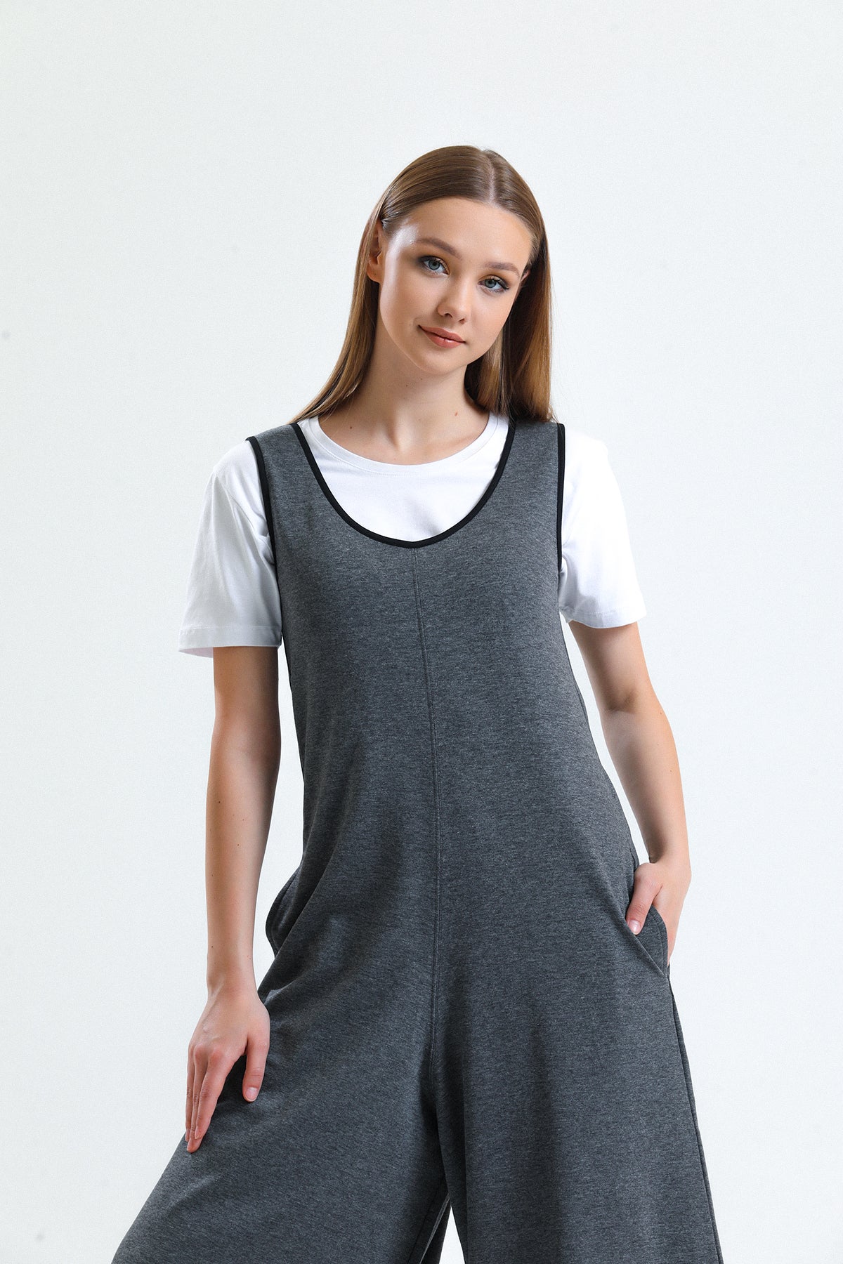 Gri Melanj U Yaka Bol Paça Salopet Tulum