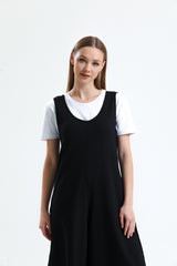 Siyah U Yaka Bol Paça Salopet Tulum