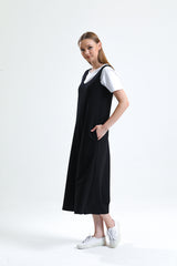 Siyah U Yaka Bol Paça Salopet Tulum