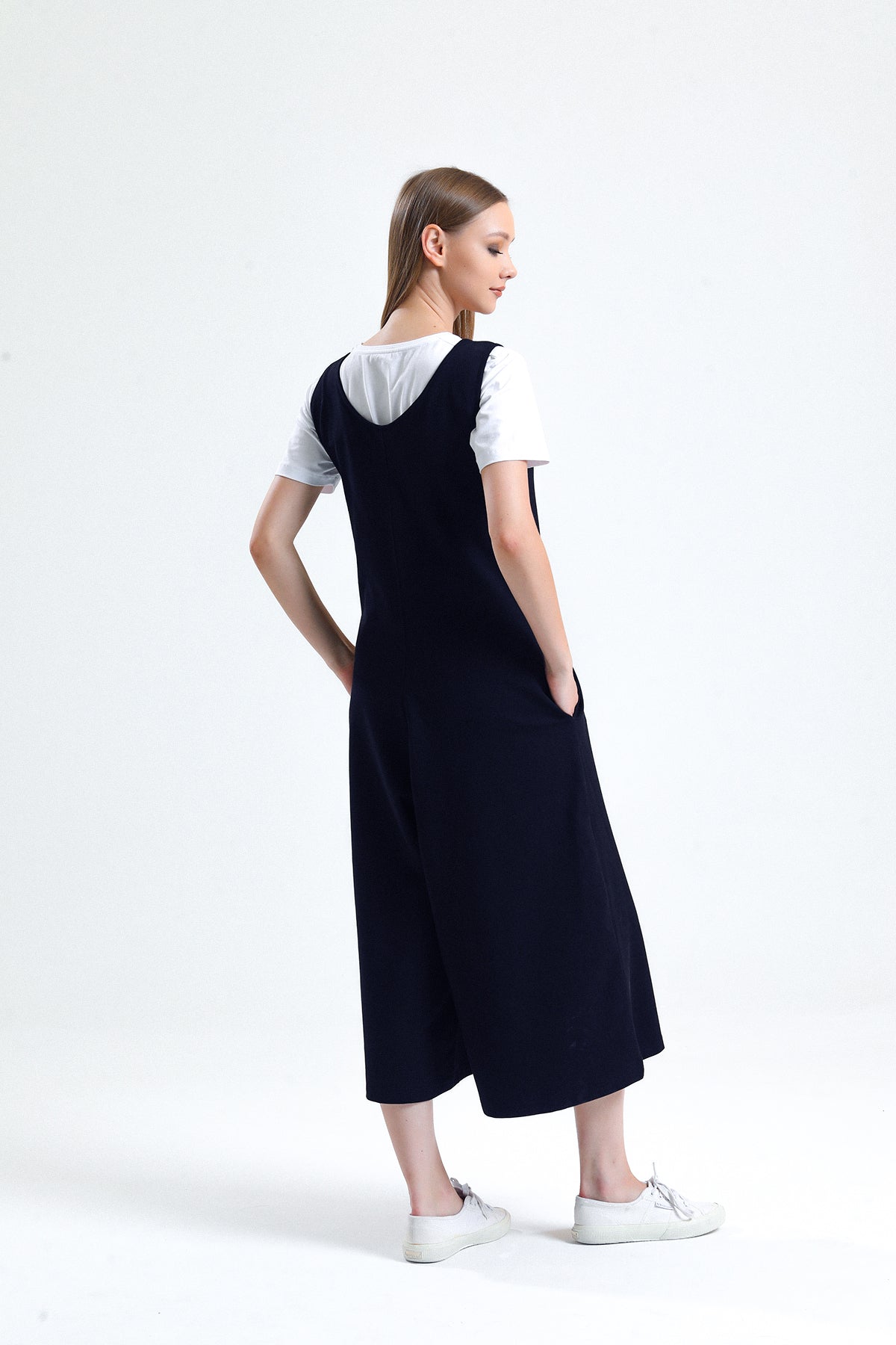 Lacivert U Yaka Bol Paça Salopet Tulum