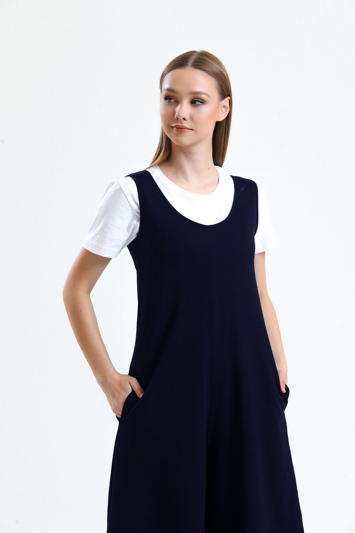 Lacivert U Yaka Bol Paça Salopet Tulum