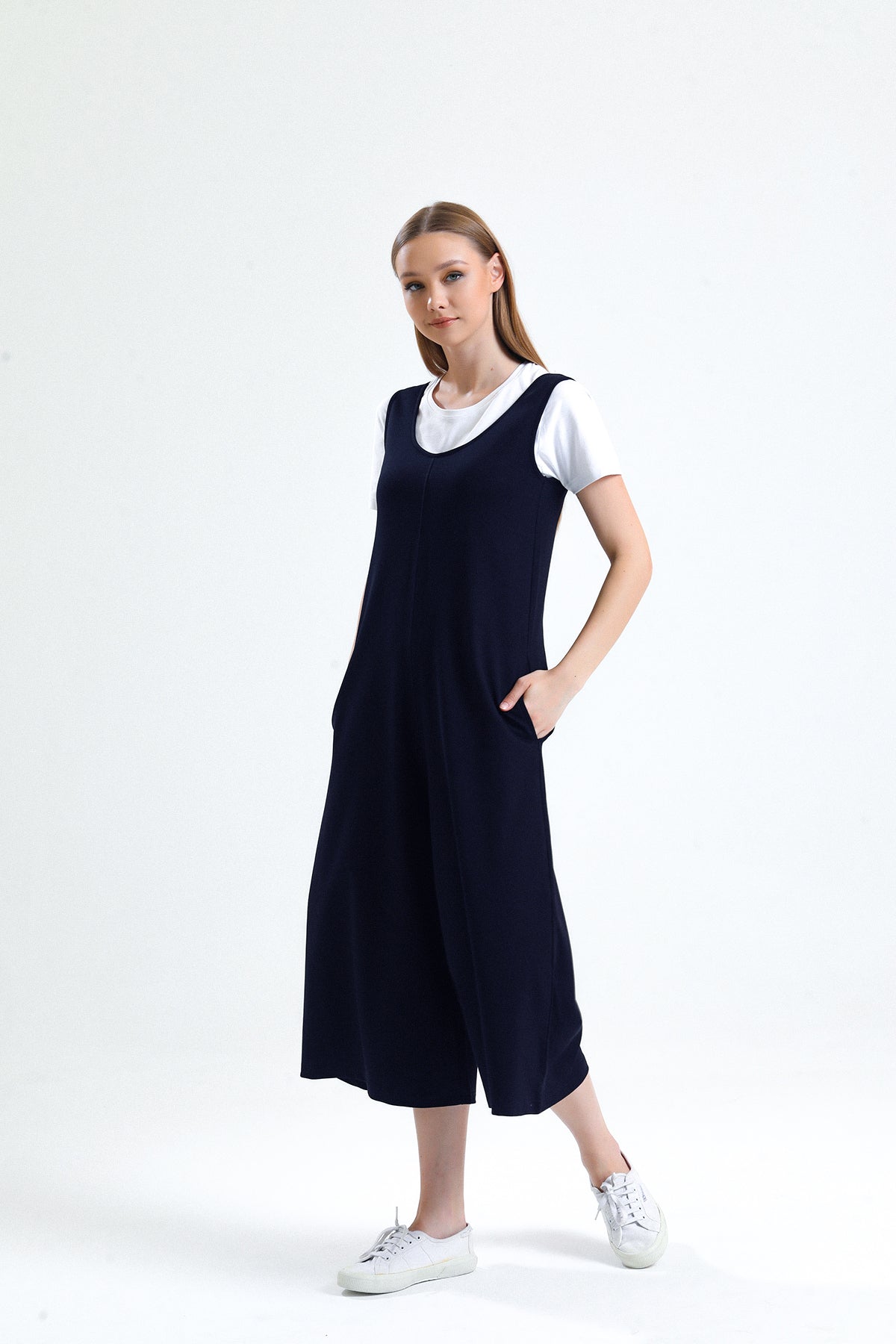 Lacivert U Yaka Bol Paça Salopet Tulum