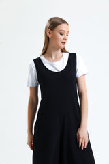 Siyah U Yaka Bol Paça Salopet Tulum