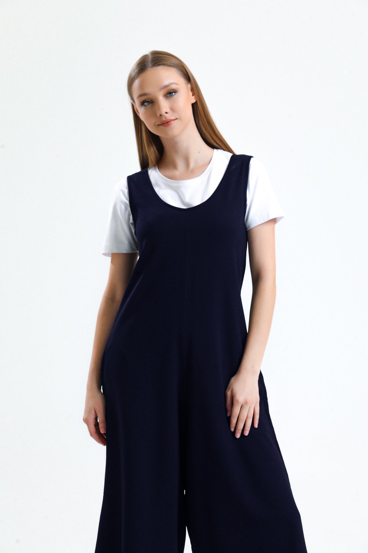 Lacivert U Yaka Bol Paça Salopet Tulum