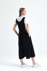 Siyah U Yaka Bol Paça Salopet Tulum