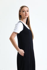 Siyah U Yaka Bol Paça Salopet Tulum