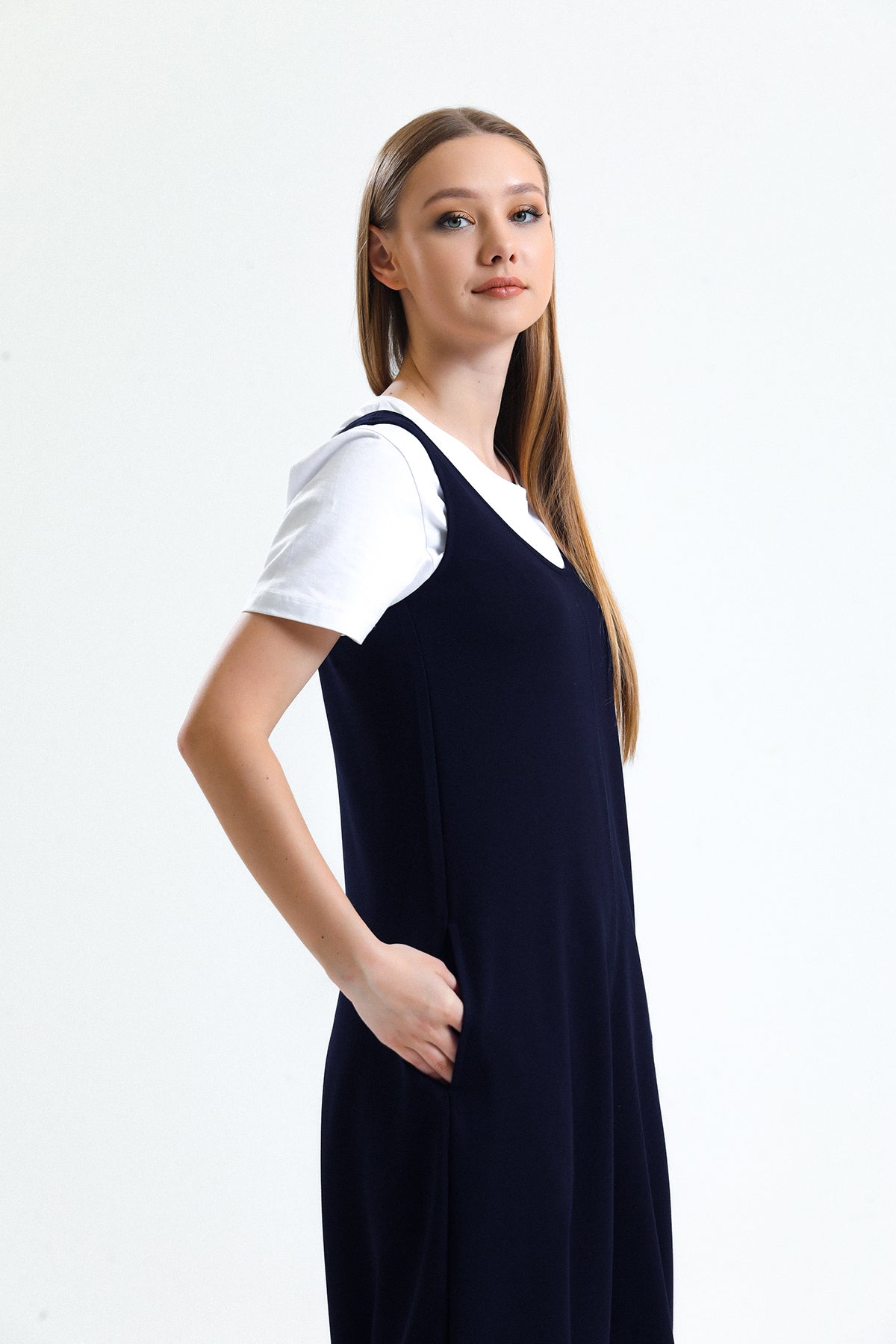 Lacivert U Yaka Bol Paça Salopet Tulum