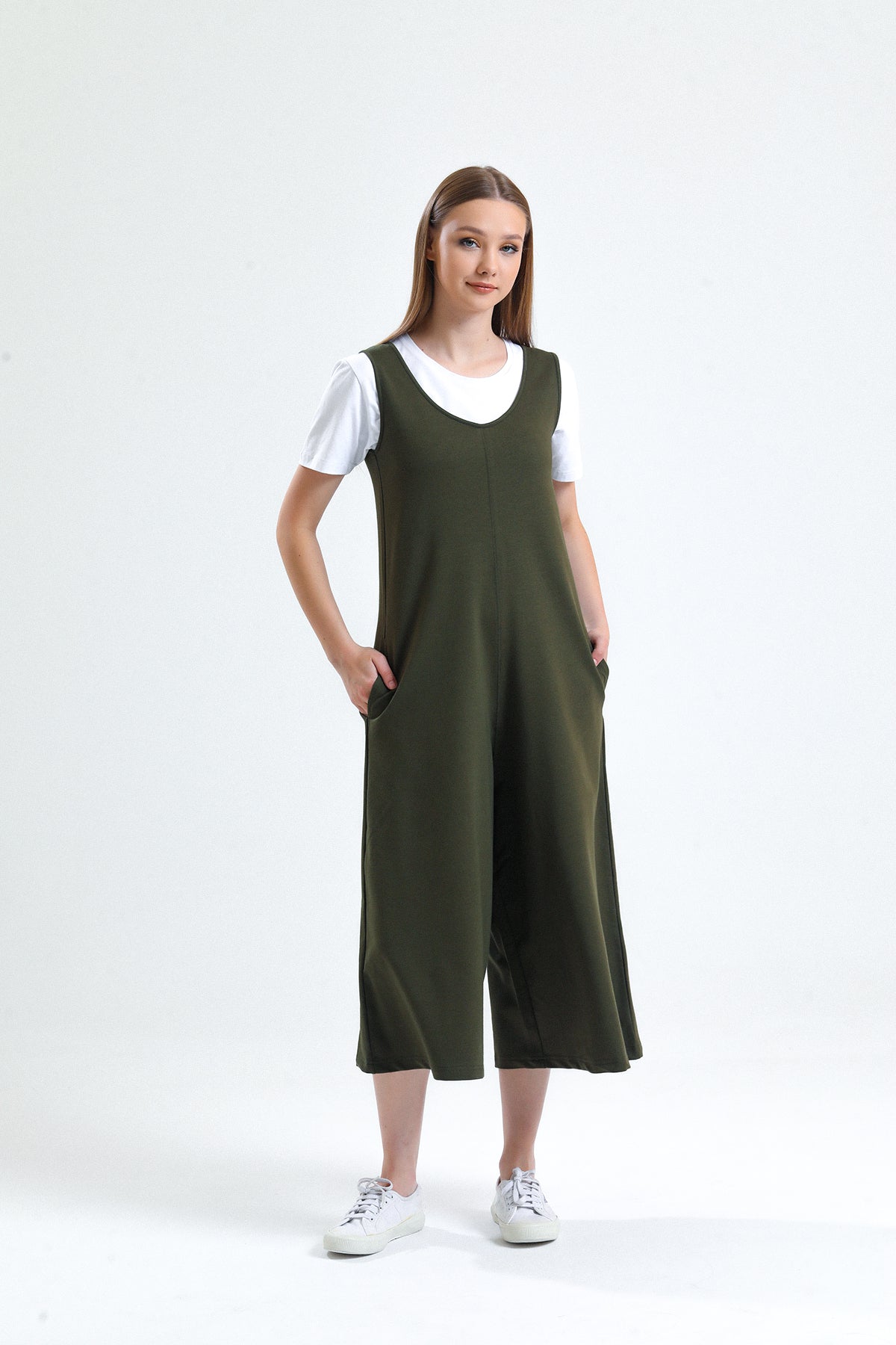 Haki U Yaka Bol Paça Salopet Tulum