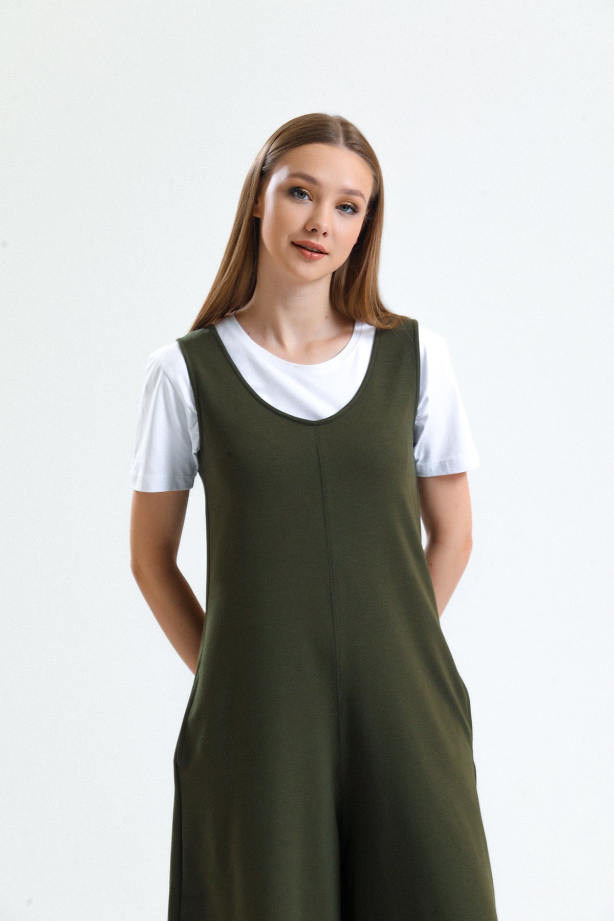 Haki U Yaka Bol Paça Salopet Tulum