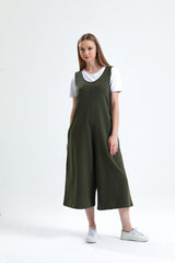 Haki U Yaka Bol Paça Salopet Tulum