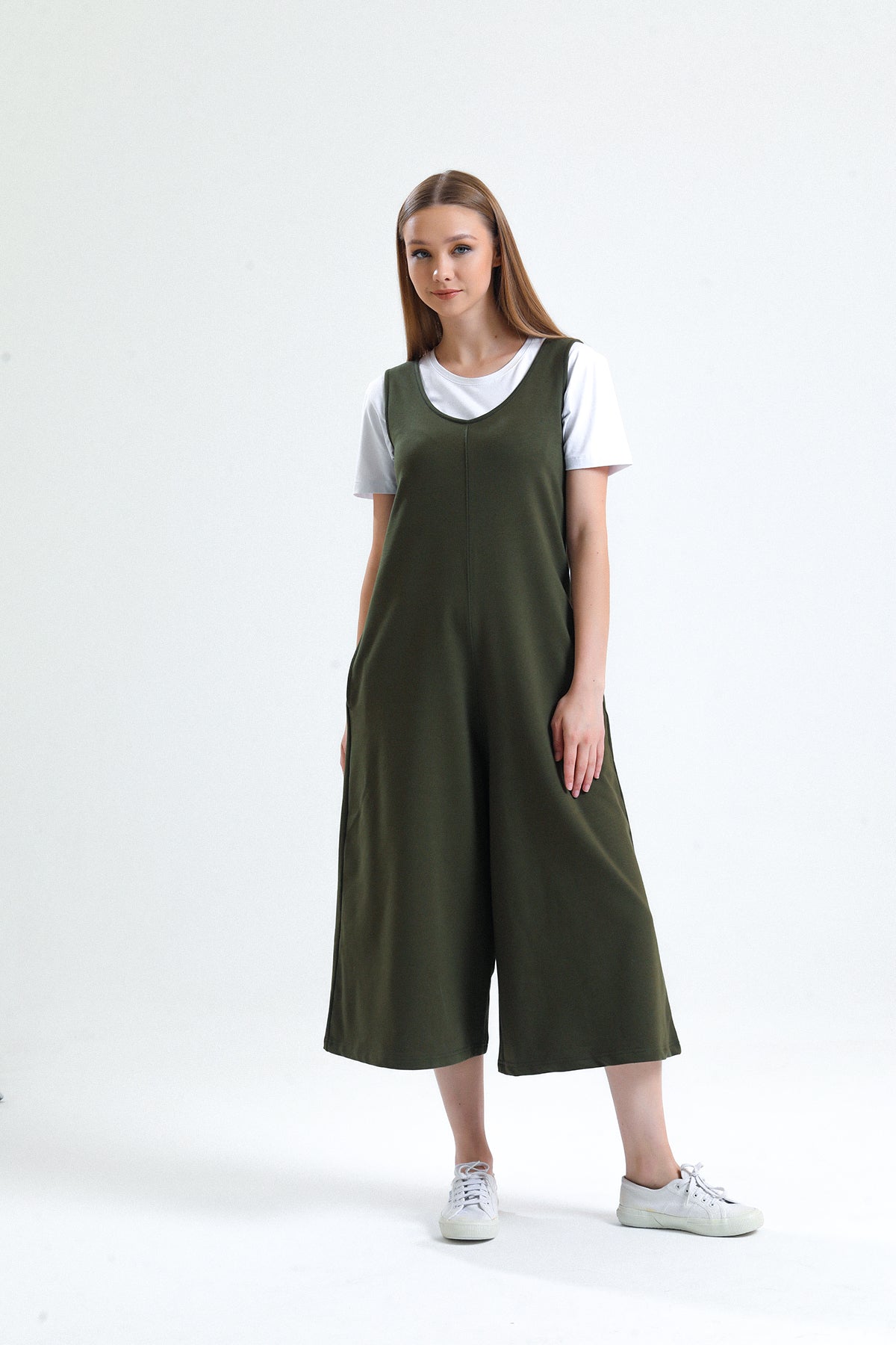 Haki U Yaka Bol Paça Salopet Tulum