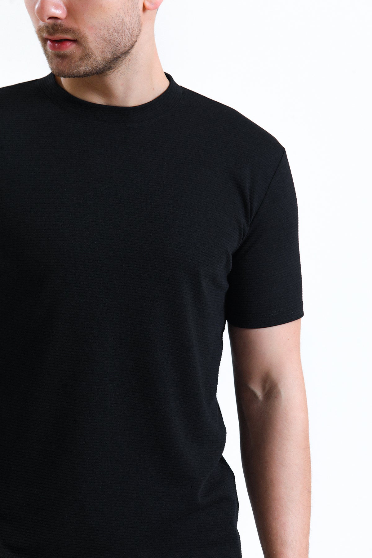 Siyah Bisiklet Yaka Ottoman Örme Tişört