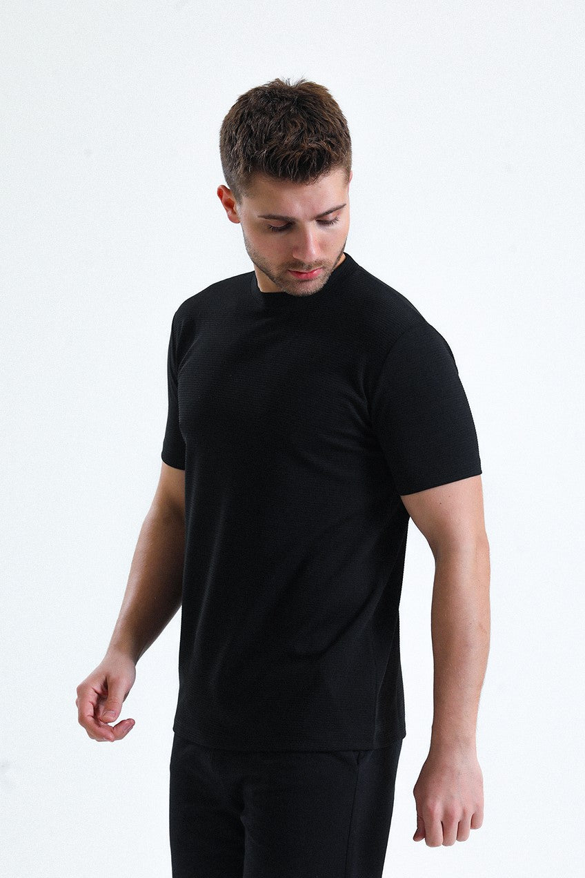 Siyah Bisiklet Yaka Ottoman Örme Tişört