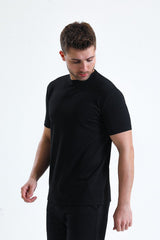 Siyah Bisiklet Yaka Ottoman Örme Tişört