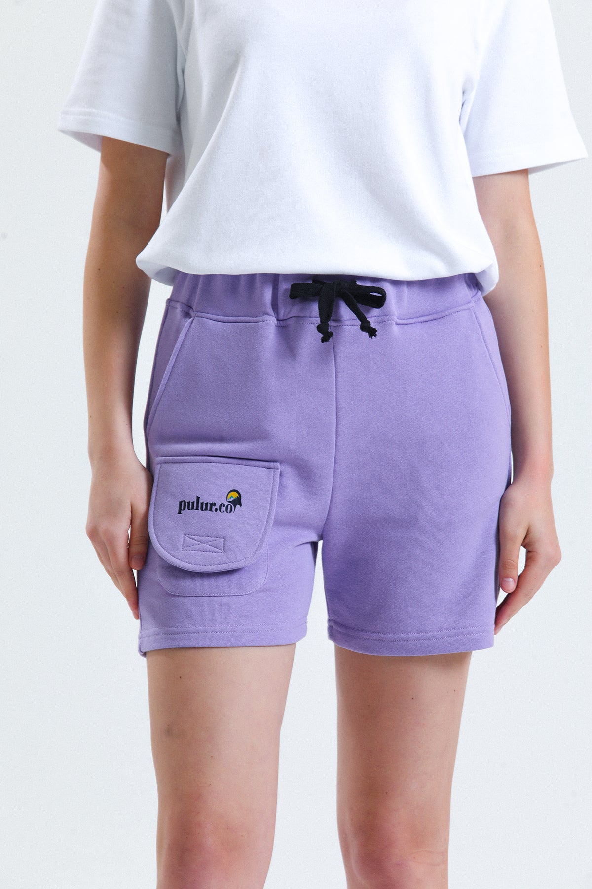 Lila Cep Detaylı Yüksek Bel Kısa Sweat Şort