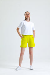Limon Sarısı Paça Detaylı Cepli Yüksek Bel Kısa Sweat Şort