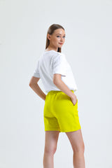 Limon Sarısı Paça Detaylı Cepli Yüksek Bel Kısa Sweat Şort