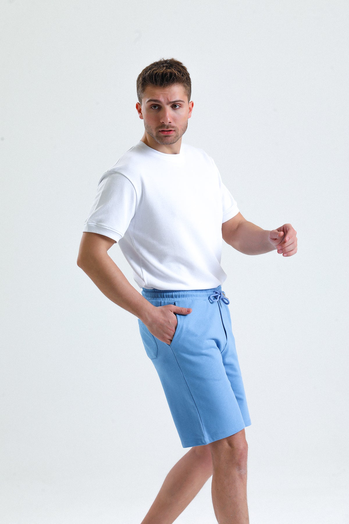 Mavi Normal Kesim Cepli Pamuklu Örme Sweat Şort