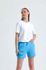 Turkuaz Cep Detaylı Yüksek Bel Kısa Sweat Şort