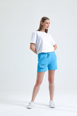 Turkuaz Cep Detaylı Yüksek Bel Kısa Sweat Şort